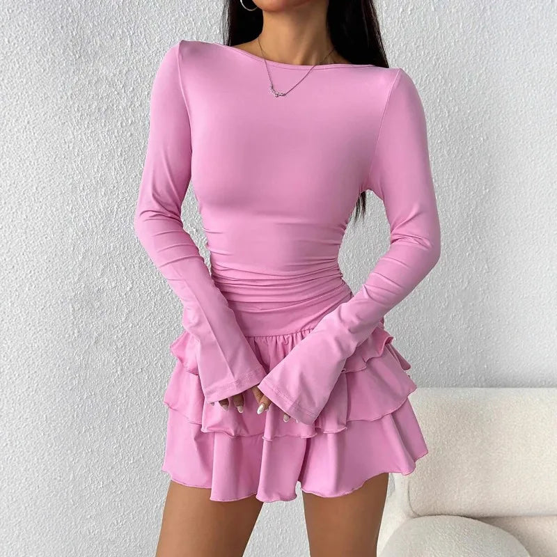 Solid Slim Fit Cascading Ruffles Mini Dress with Flare Sleeve High Waist and Bodyconture