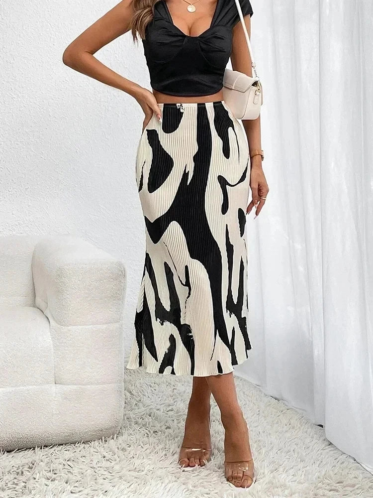 Dressy Casual Graphic Print Pleated Long Skirts Women Autumn Fashion
