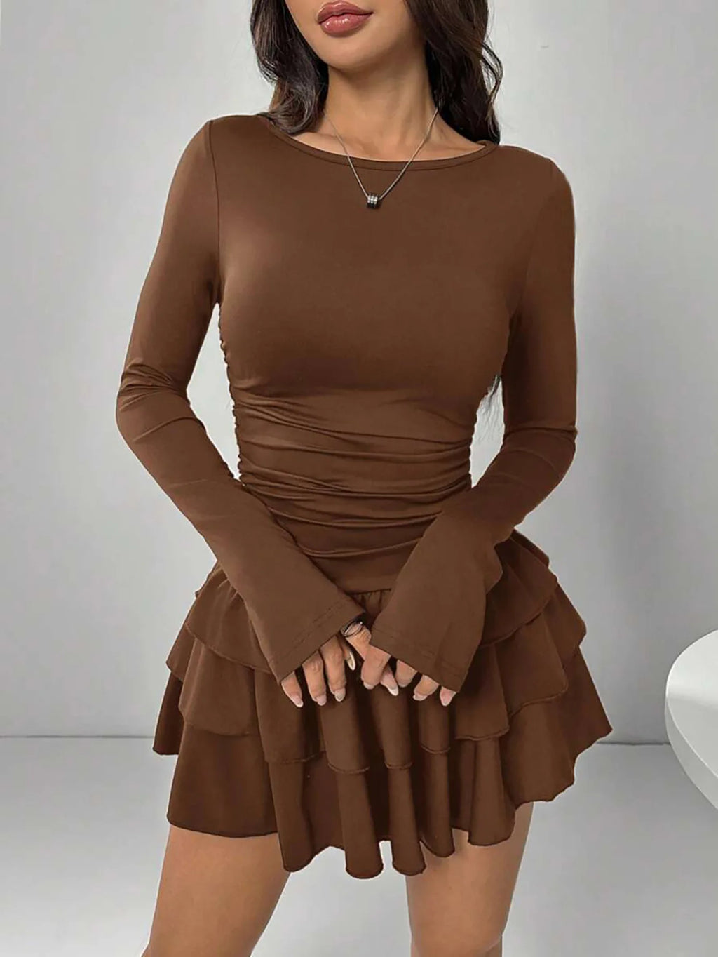 Solid Slim Fit Cascading Ruffles Mini Dress with Flare Sleeve High Waist and Bodyconture