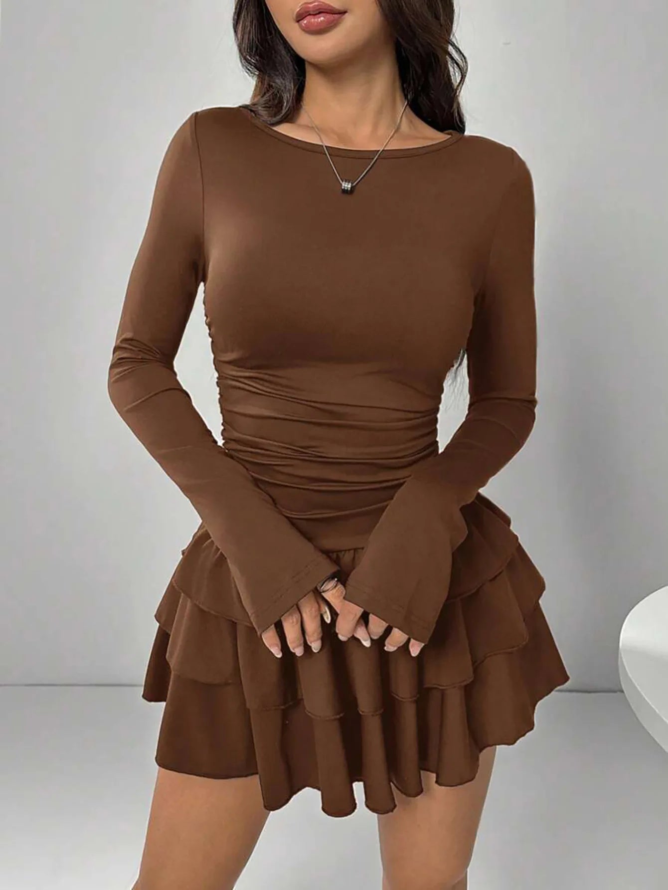Solid Slim Fit Cascading Ruffles Mini Dress with Flare Sleeve High Waist and Bodyconture