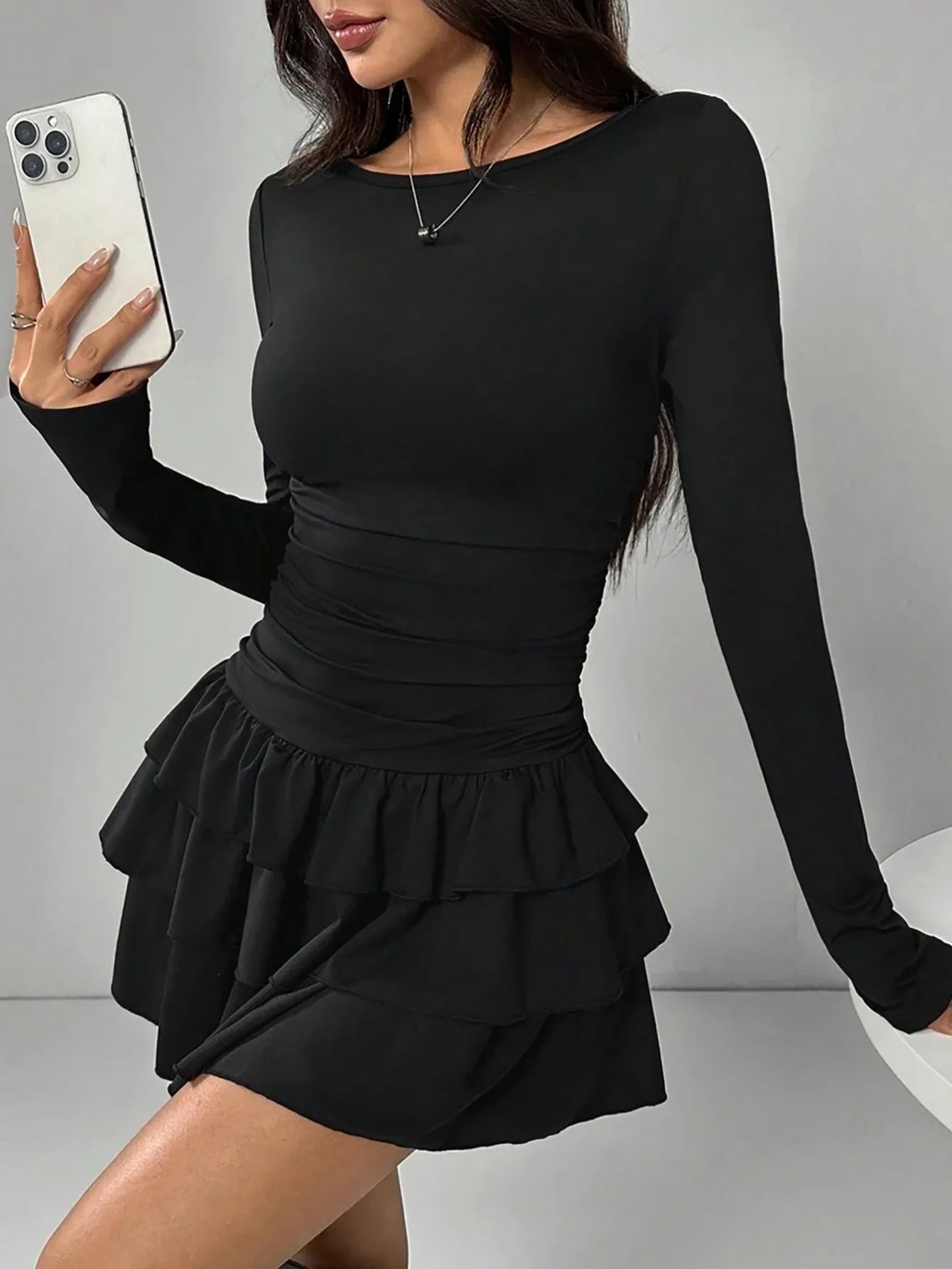 Solid Slim Fit Cascading Ruffles Mini Dress with Flare Sleeve High Waist and Bodyconture