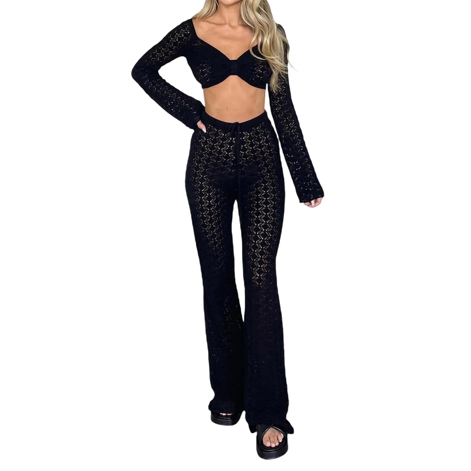 Women’s 2 Piece Casual Outfits Off Shoulder Crochet Crop Tops Pants Set Beachwear