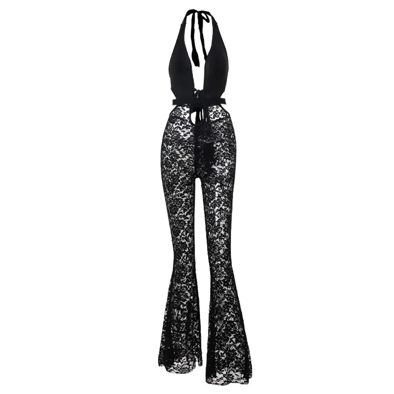 Sexy Lace Trim Baring Ne Strap Club Pants High Waist Hollow out Long Leggings Street Sle Par Wear Bla Piece Suit