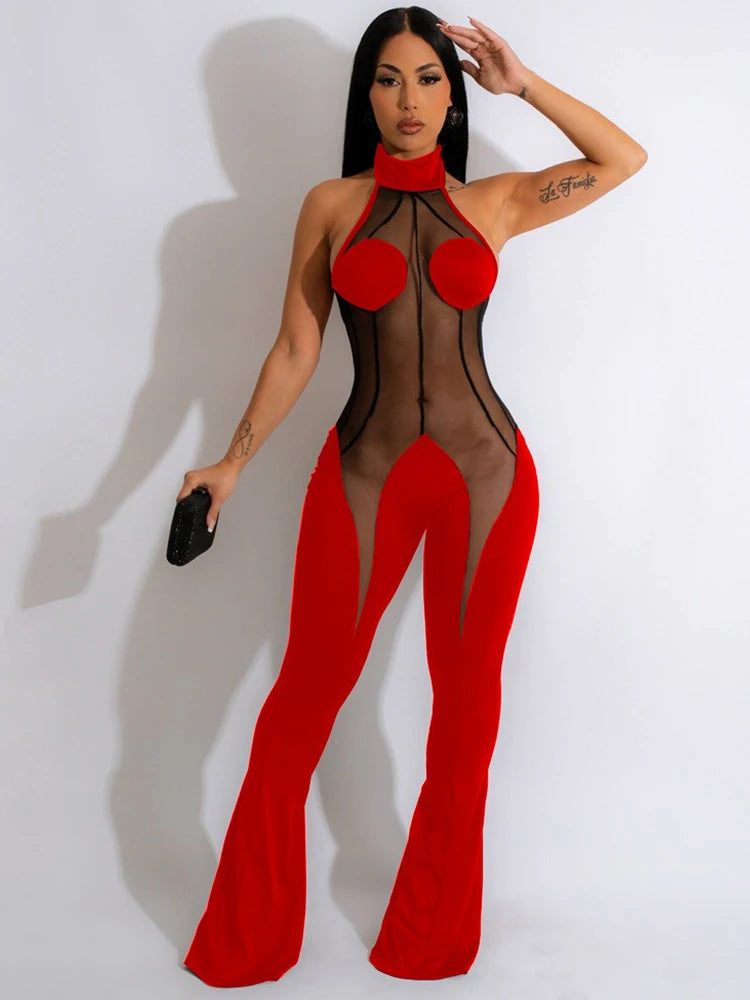 Full Jumpsuits for Women Summer Halter Neck Jumpsuit Backless Sexy Lace Transparent Jumpsuit Flrae Pant Wholesale Dropshipping
