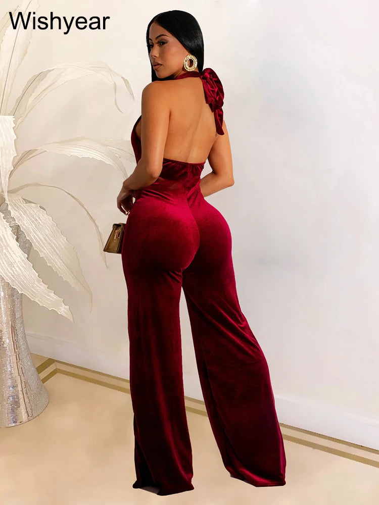 Wishyear Velvet Sexy Halter Deep V Backless Wide Legs Jumpsuit