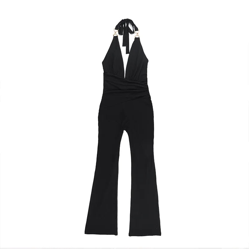 Solid color slim-fit women's deep V jumpsuit
