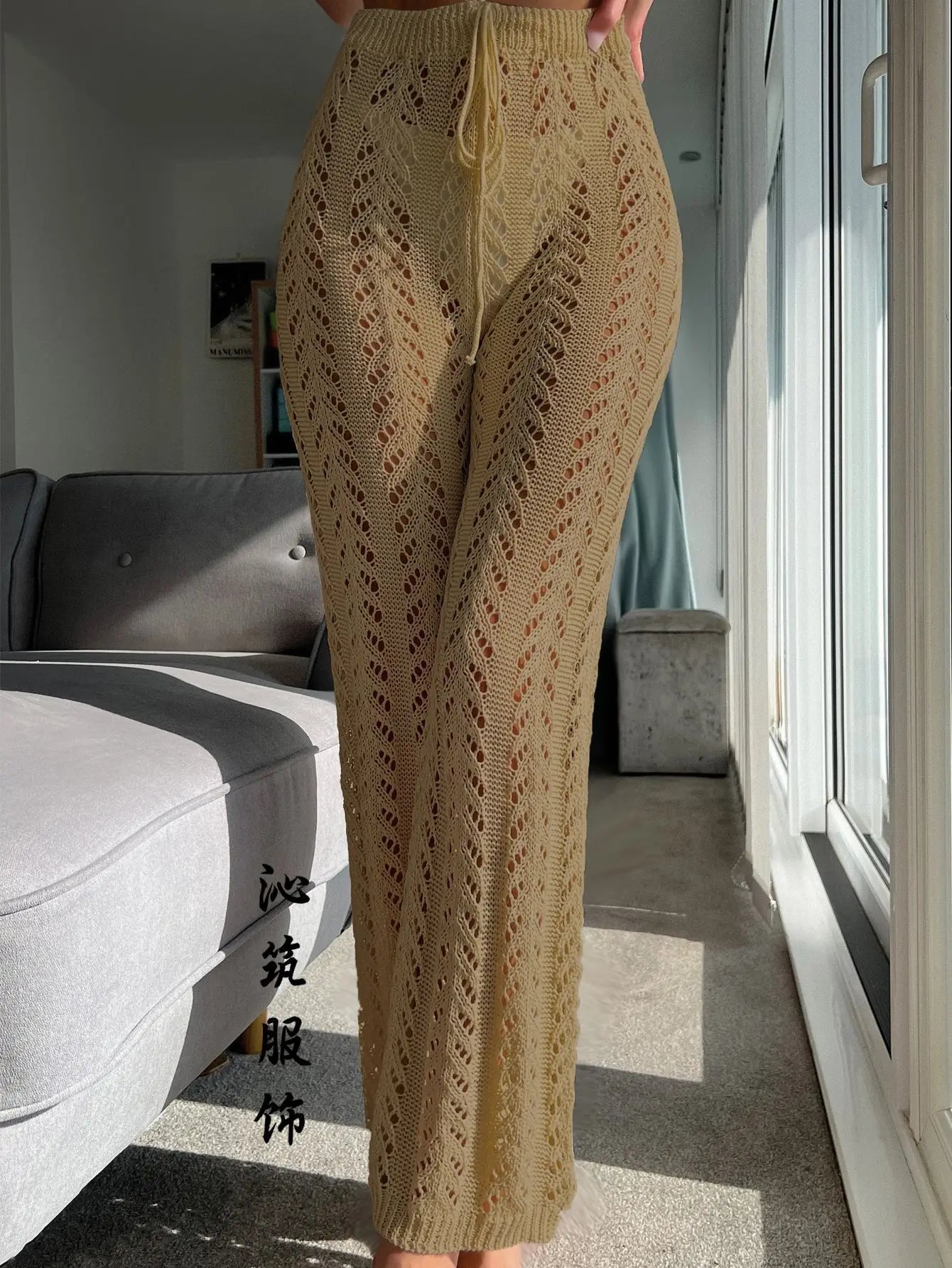 Women's Woven Hollow Lace-up Pants Crochet Net Hollow Out Beach Trousers Sexy Swimsuit Cover Up Beach Straight Leisure Trousers