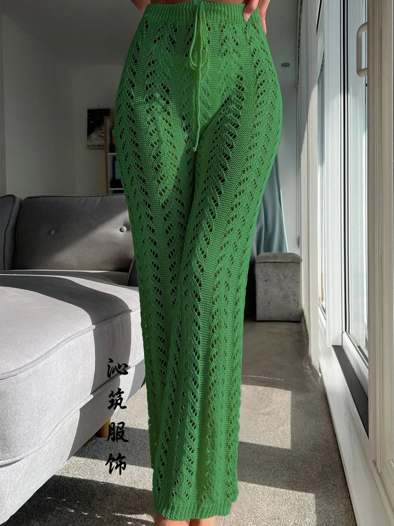 Women's Woven Hollow Lace-up Pants Crochet Net Hollow Out Beach Trousers Sexy Swimsuit Cover Up Beach Straight Leisure Trousers