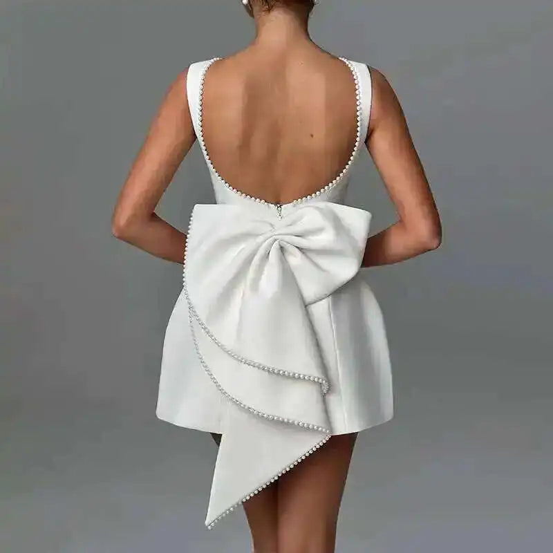 Townlike Bow Pearl Backless Women Mini  Dress Elegant