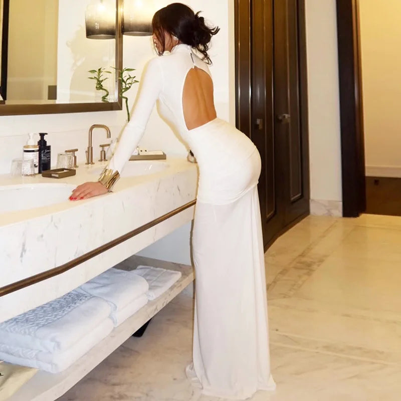 Cryptographic Elegant Sexy Backless Ruched Maxi Dress Party Club Outfits Fall Winter Solid Slinky Long Dresses Gown Clothes