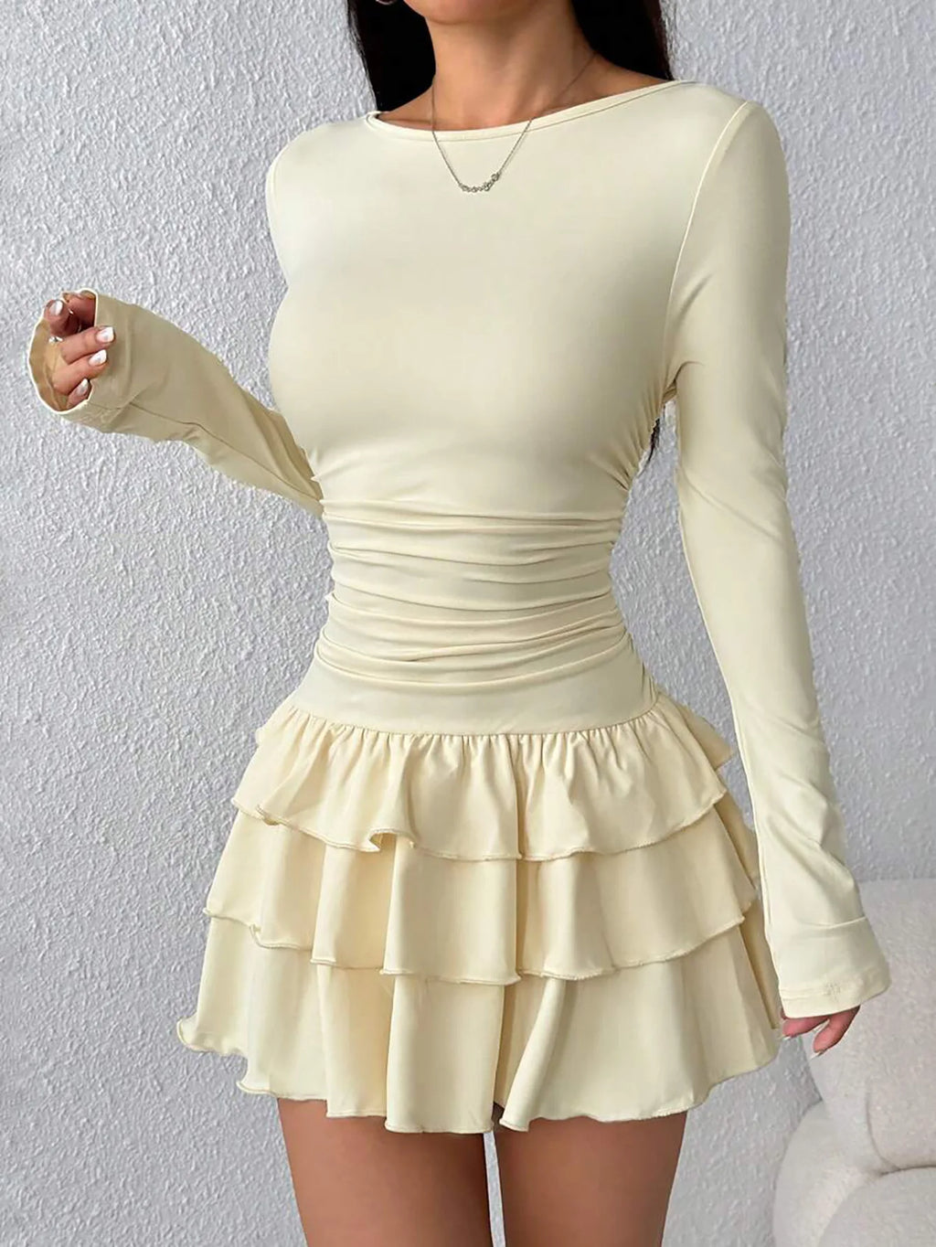 Solid Slim Fit Cascading Ruffles Mini Dress with Flare Sleeve High Waist and Bodyconture