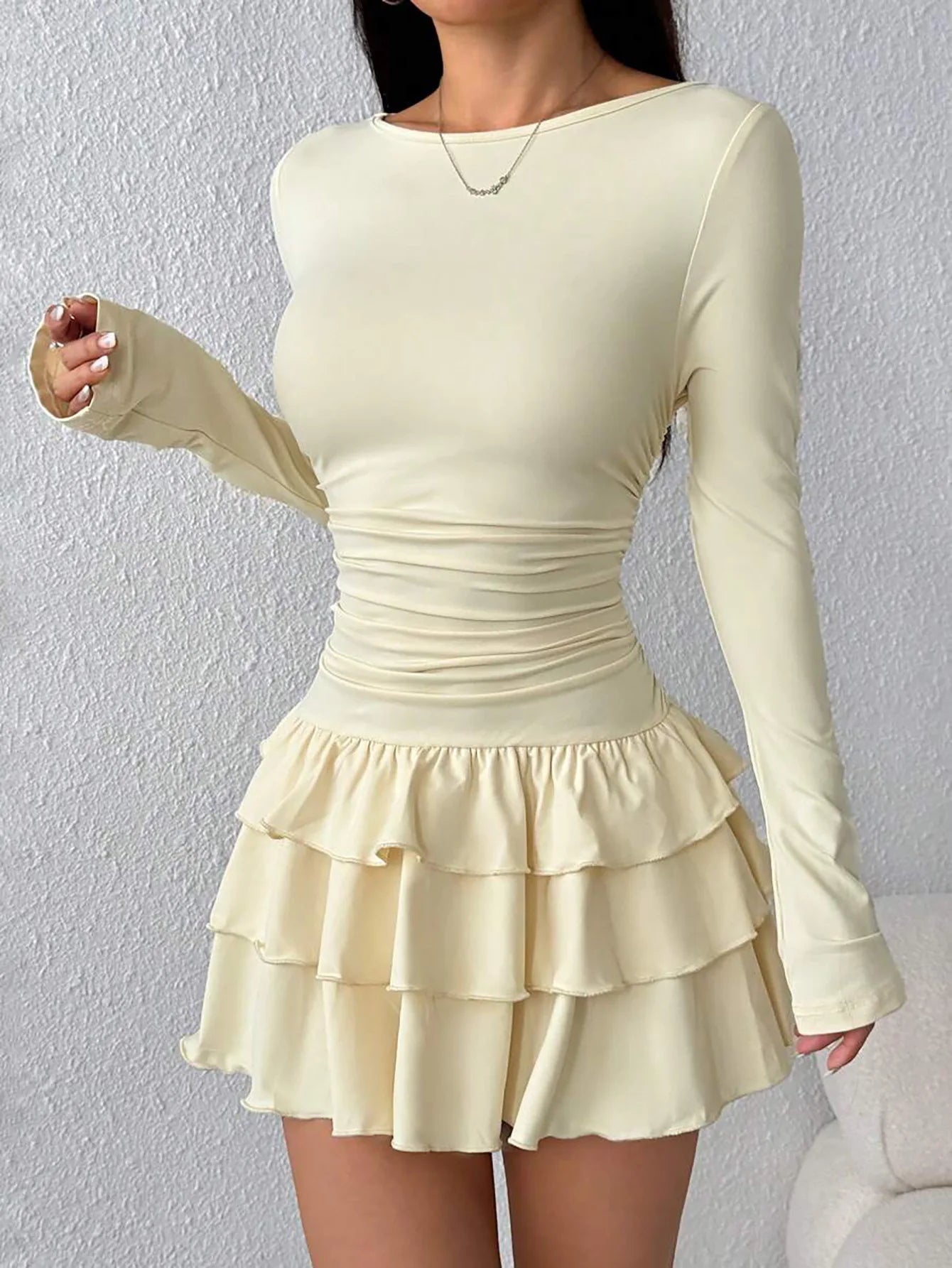 Solid Slim Fit Cascading Ruffles Mini Dress with Flare Sleeve High Waist and Bodyconture