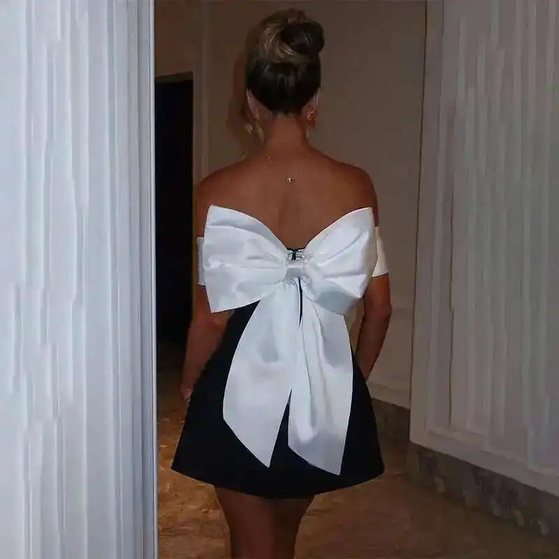 Townlike Bow Pearl Backless Women Mini  Dress Elegant