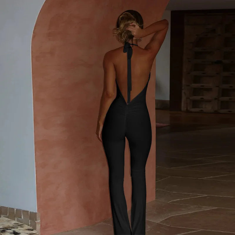 Solid color slim-fit women's deep V jumpsuit
