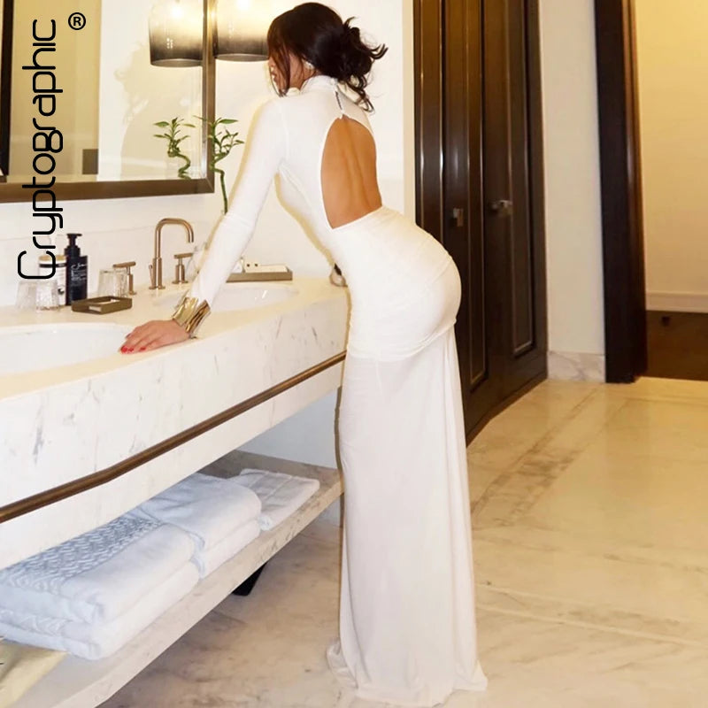 Cryptographic Elegant Sexy Backless Ruched Maxi Dress Party Club Outfits Fall Winter Solid Slinky Long Dresses Gown Clothes