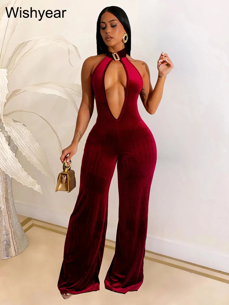 Wishyear Velvet Sexy Halter Deep V Backless Wide Legs Jumpsuit