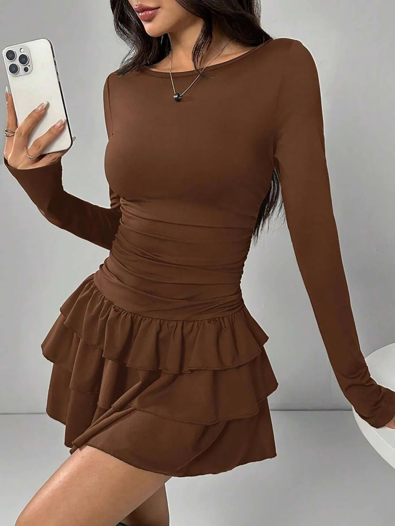 Solid Slim Fit Cascading Ruffles Mini Dress with Flare Sleeve High Waist and Bodyconture