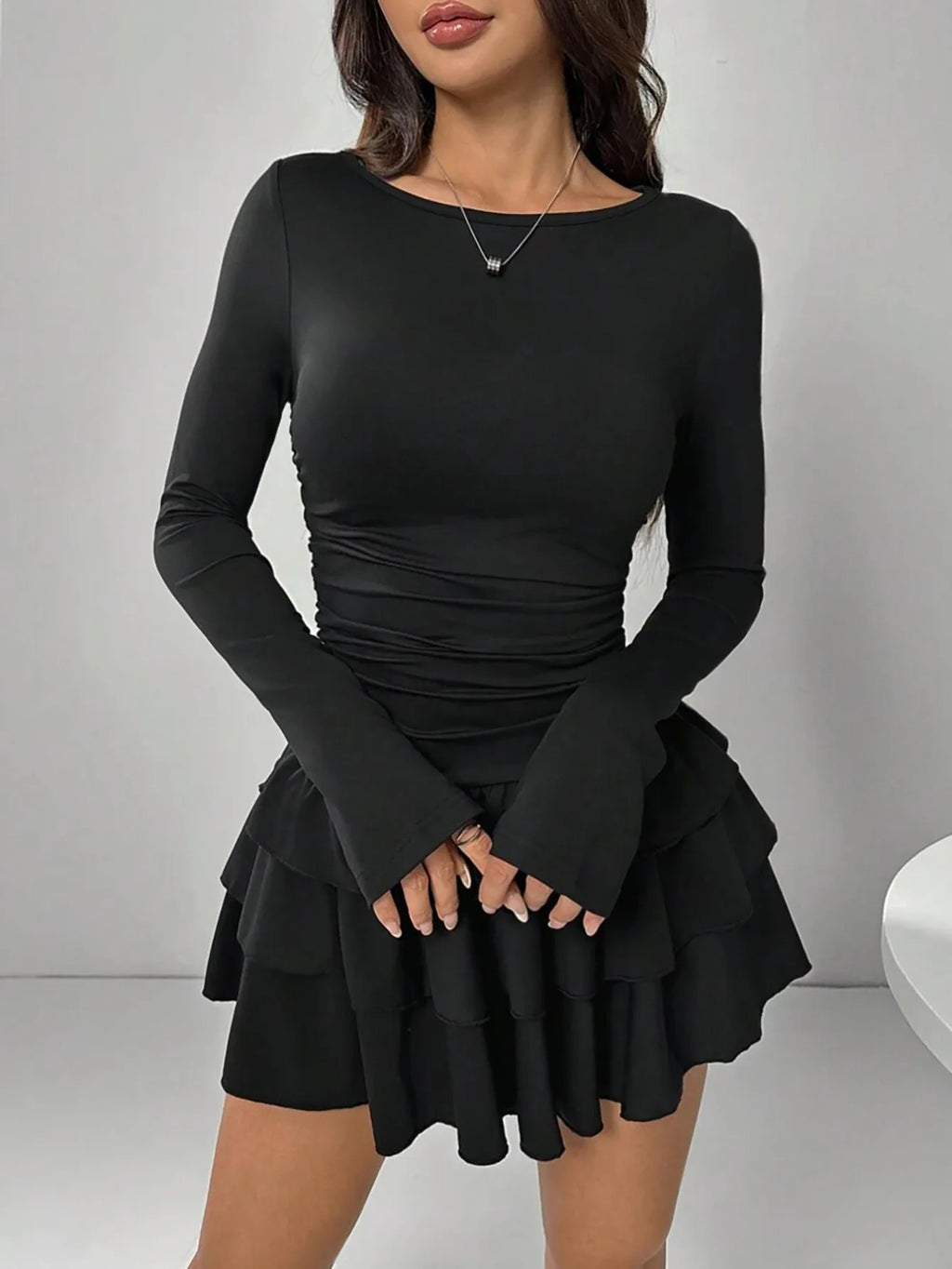 Solid Slim Fit Cascading Ruffles Mini Dress with Flare Sleeve High Waist and Bodyconture