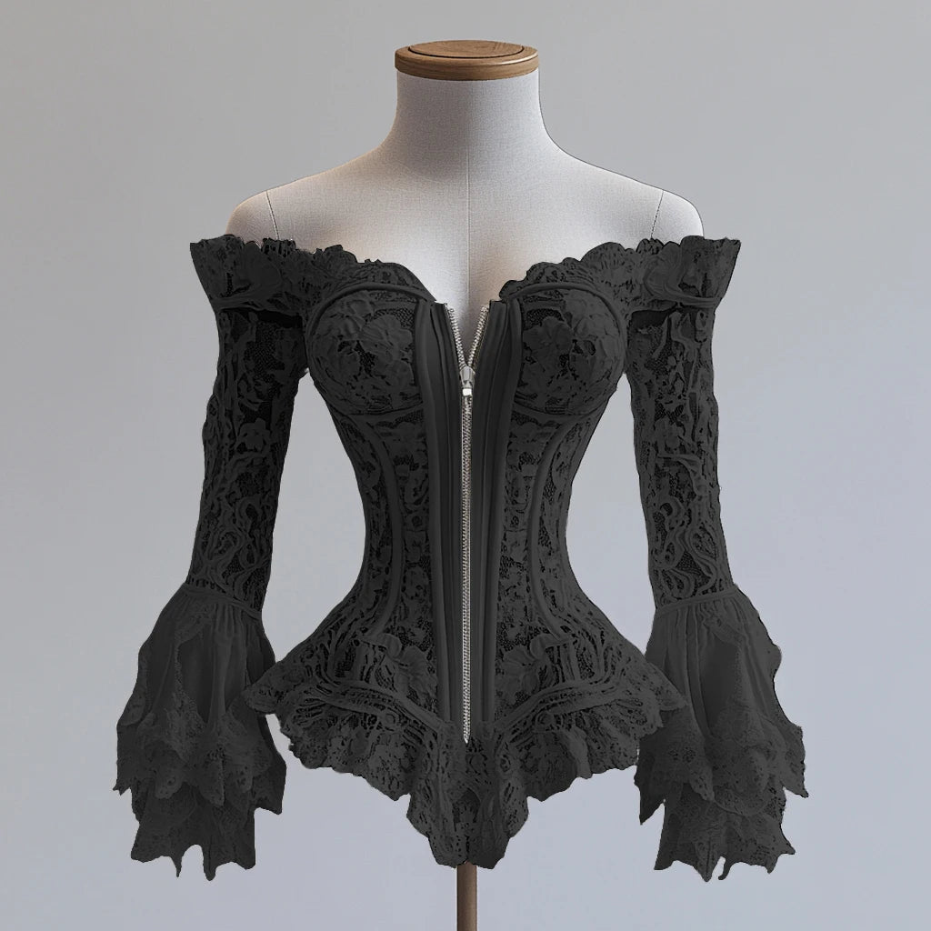 Off Shoulder Lace Blouse for Women Flare Sleeve Zip-up Vintage Elegant Chic Sexy Hollow Out Long Sleeve Tops Irregular Hem Top