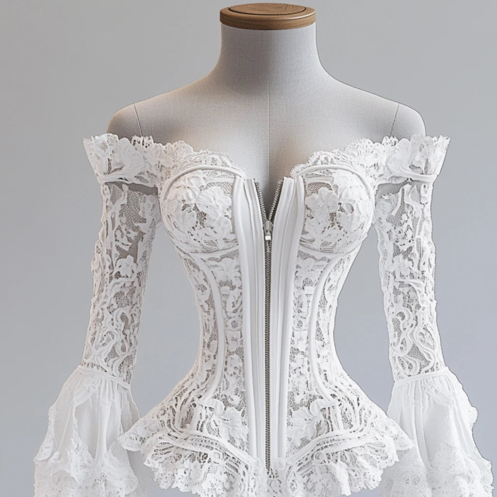 Off Shoulder Lace Blouse for Women Flare Sleeve Zip-up Vintage Elegant Chic Sexy Hollow Out Long Sleeve Tops Irregular Hem Top