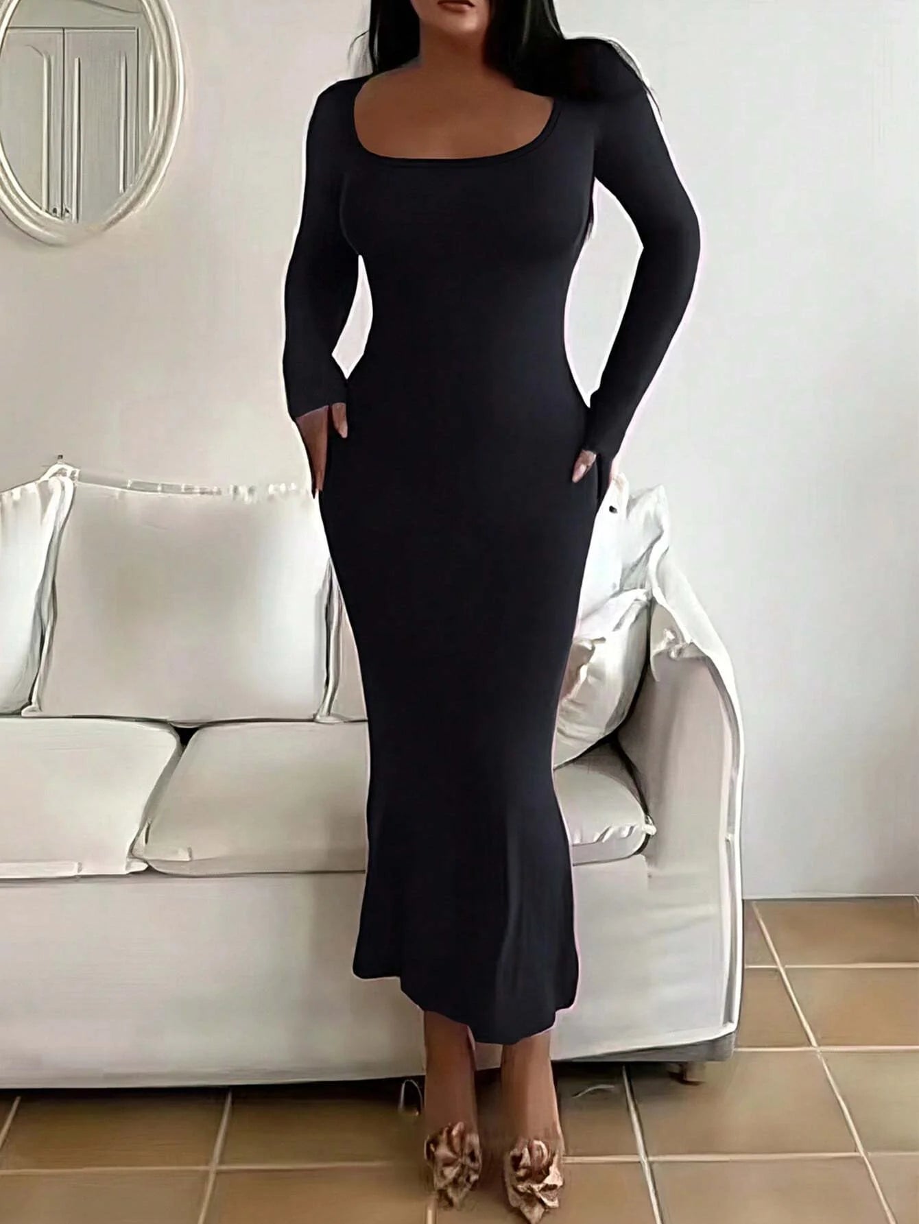 Solid Long Sleeve Bodycon Maxi Dress