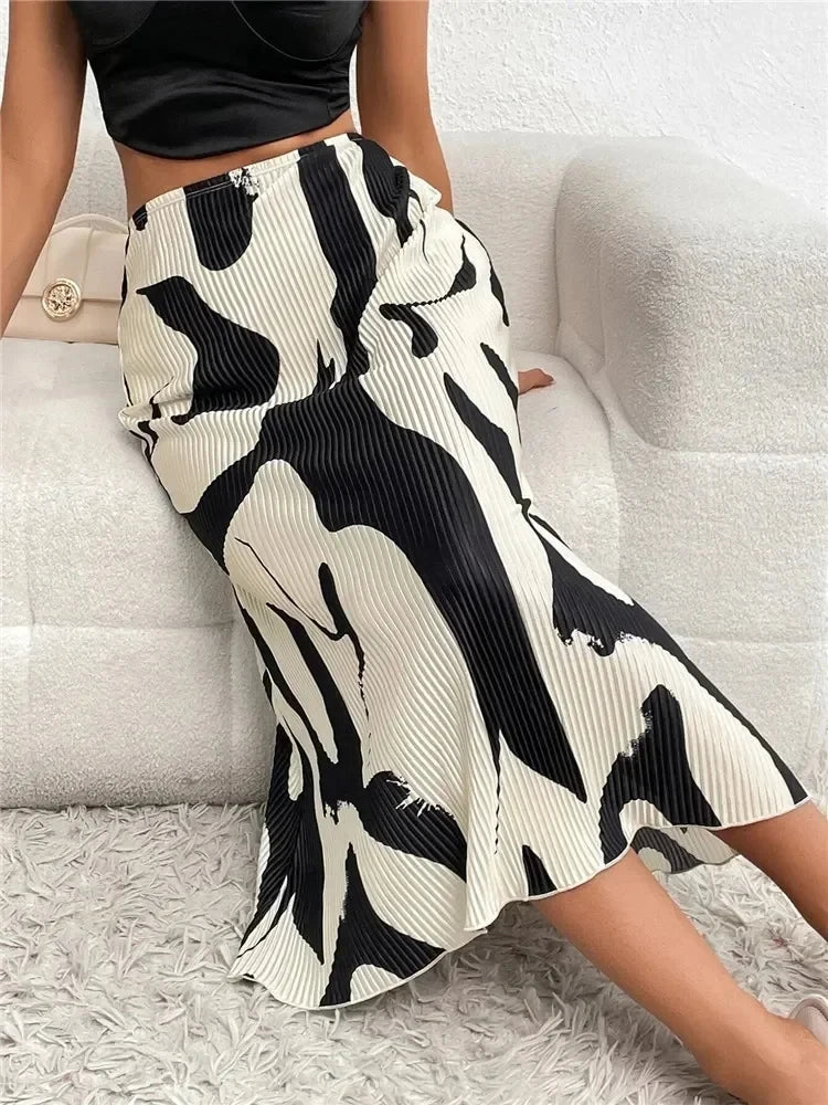 Dressy Casual Graphic Print Pleated Long Skirts Women Autumn Fashion