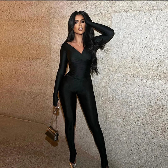 Alison - Off shoulder V-neck high waist tight jumpsuit