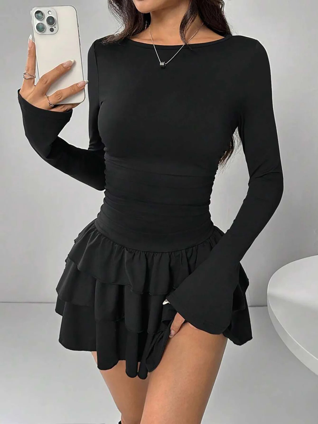 Solid Slim Fit Cascading Ruffles Mini Dress with Flare Sleeve High Waist and Bodyconture