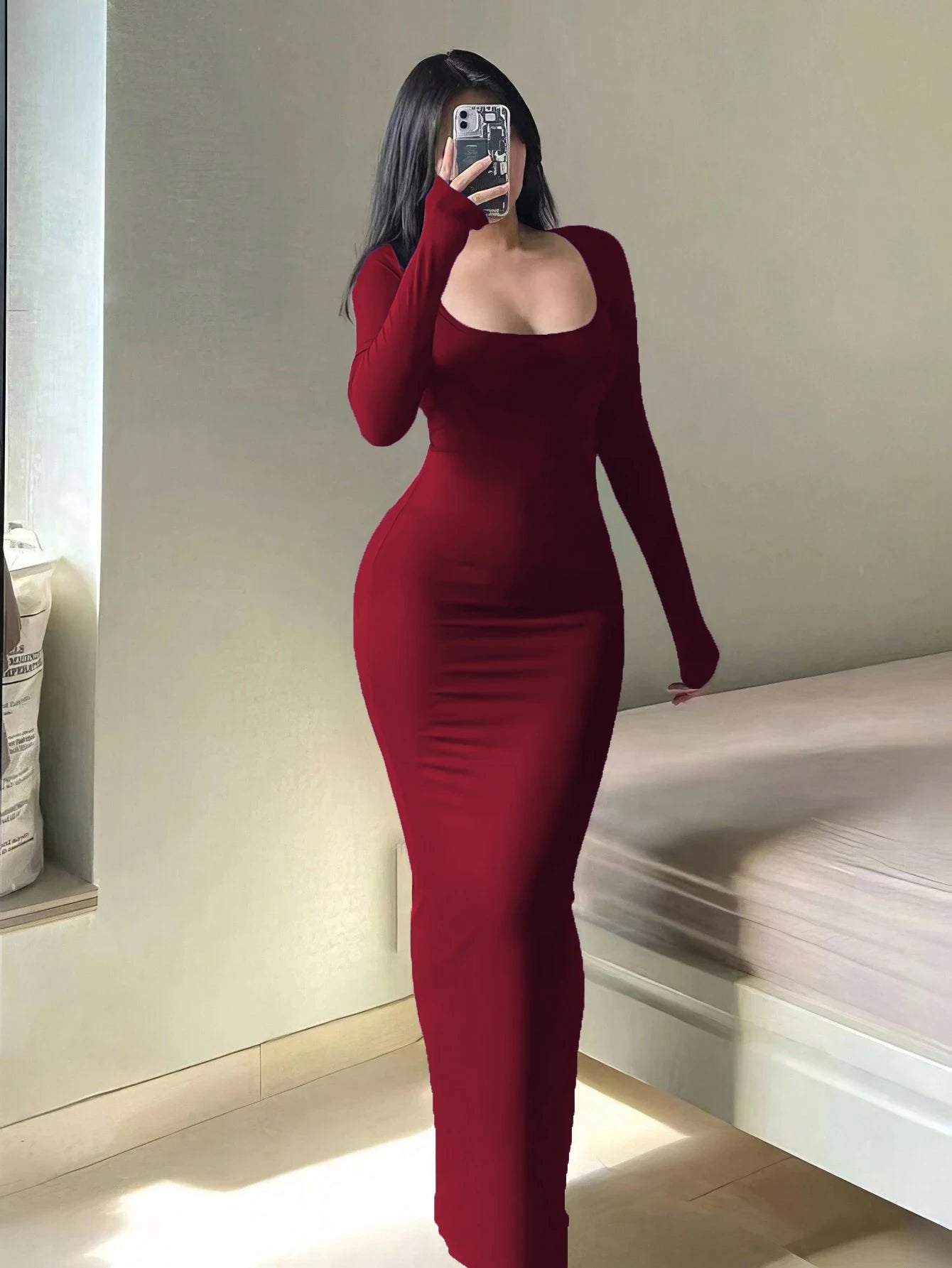 Solid Long Sleeve Bodycon Maxi Dress