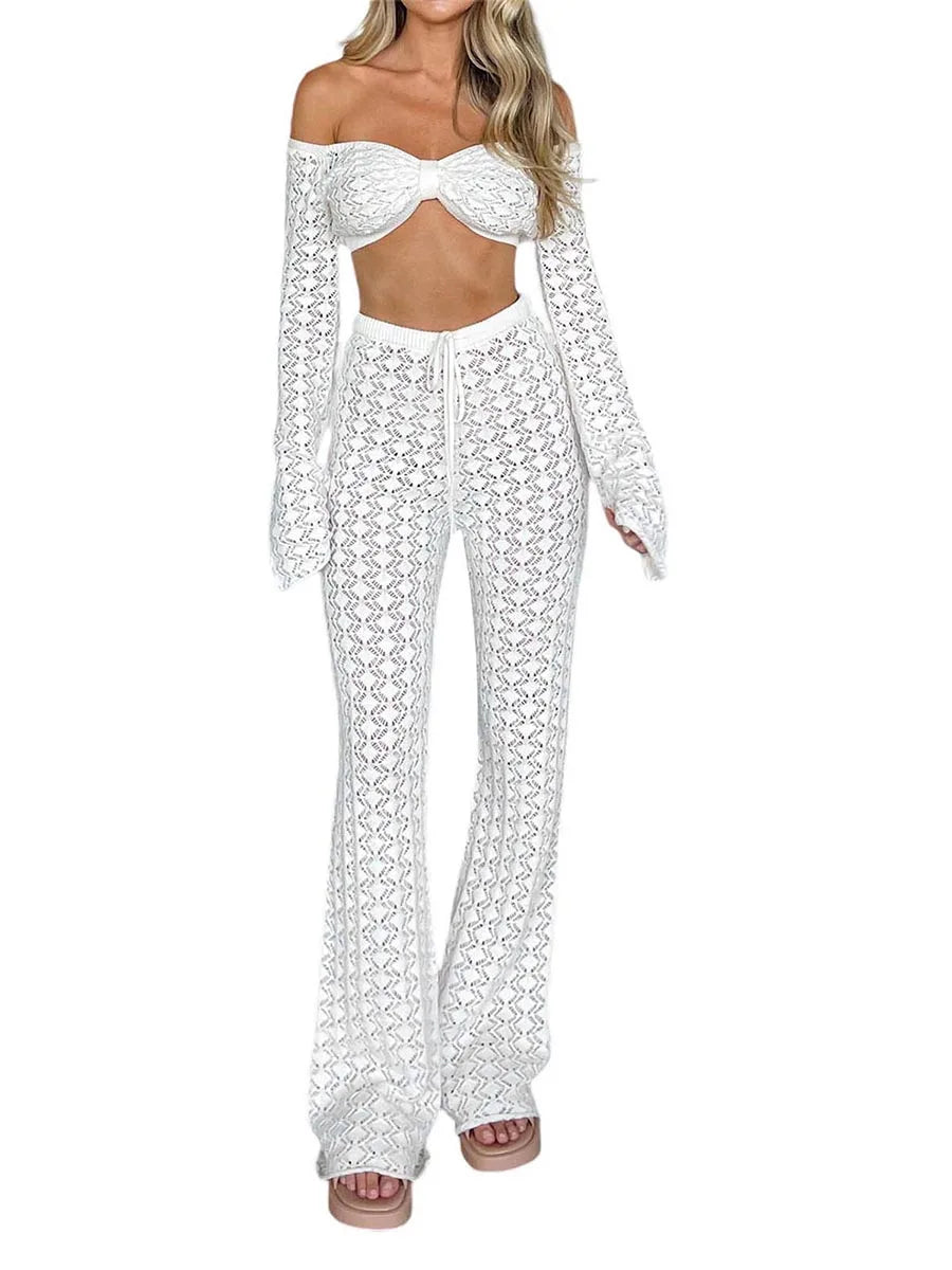 Women’s 2 Piece Casual Outfits Off Shoulder Crochet Crop Tops Pants Set Beachwear