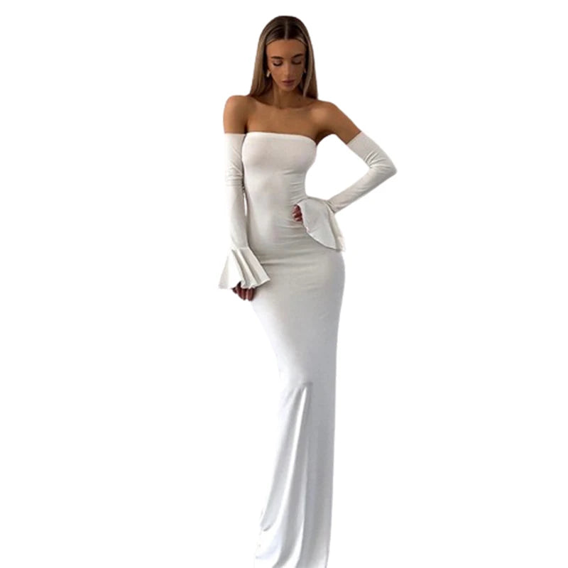 Combhasaki Women's Vintage Elegant Strapless Backless Solid Color Slim Fit Bodycon Mermaid Long Dress with Flare Arm Sleeves