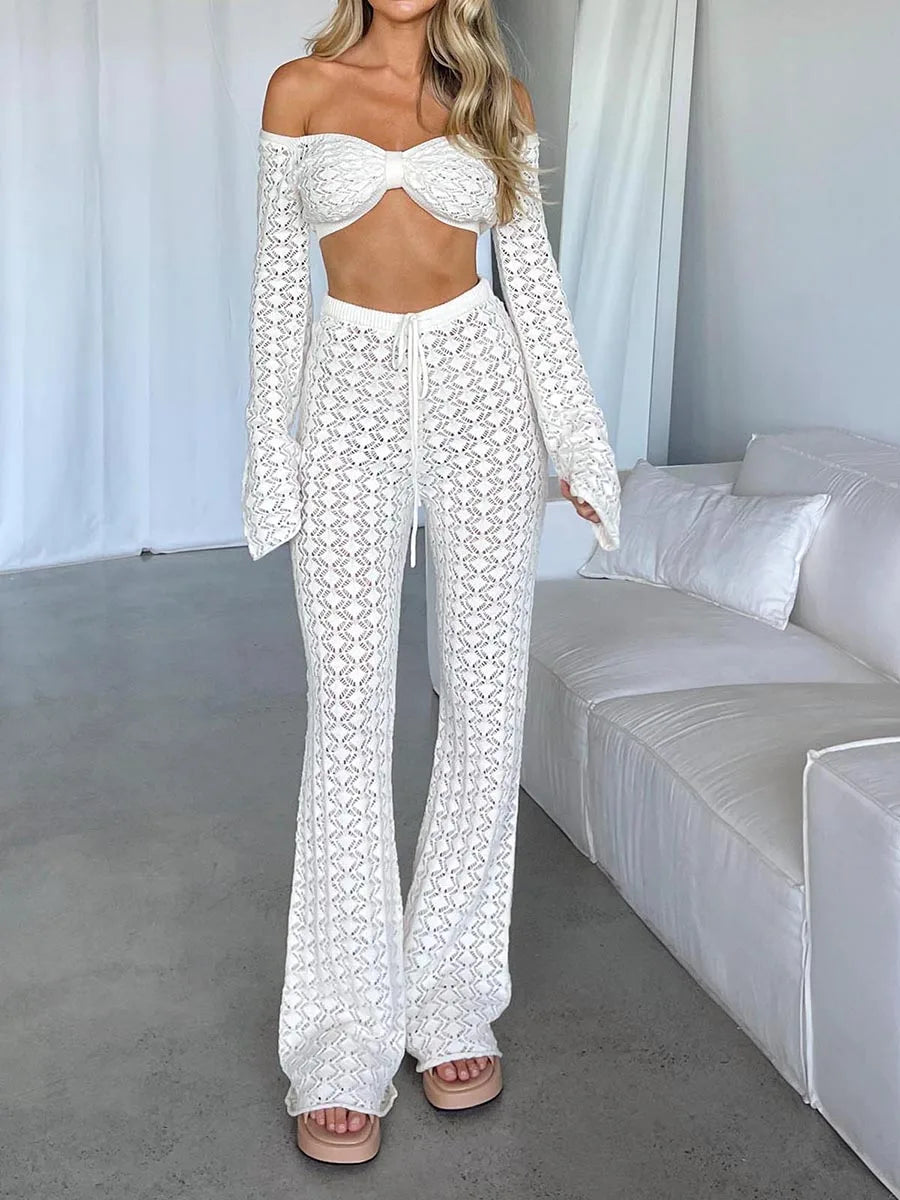 Women’s 2 Piece Casual Outfits Off Shoulder Crochet Crop Tops Pants Set Beachwear