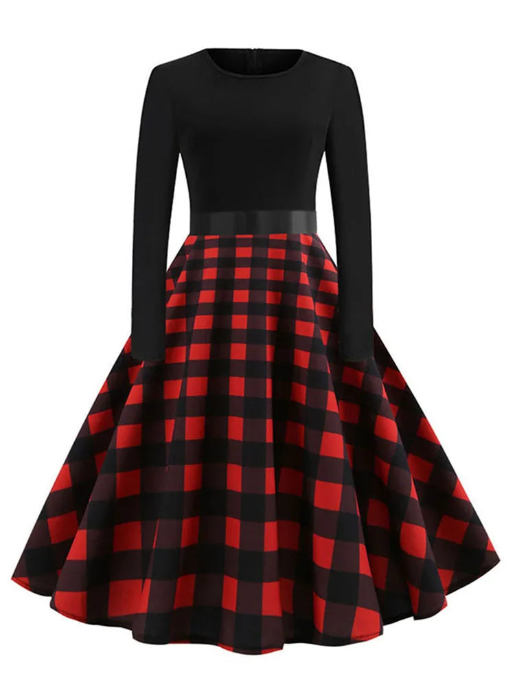 Winter Christmas Dresses Women 50S 60S Vintage Robe Swing Pinup Elegant Party Dress Long Sleeve Casual Print Black