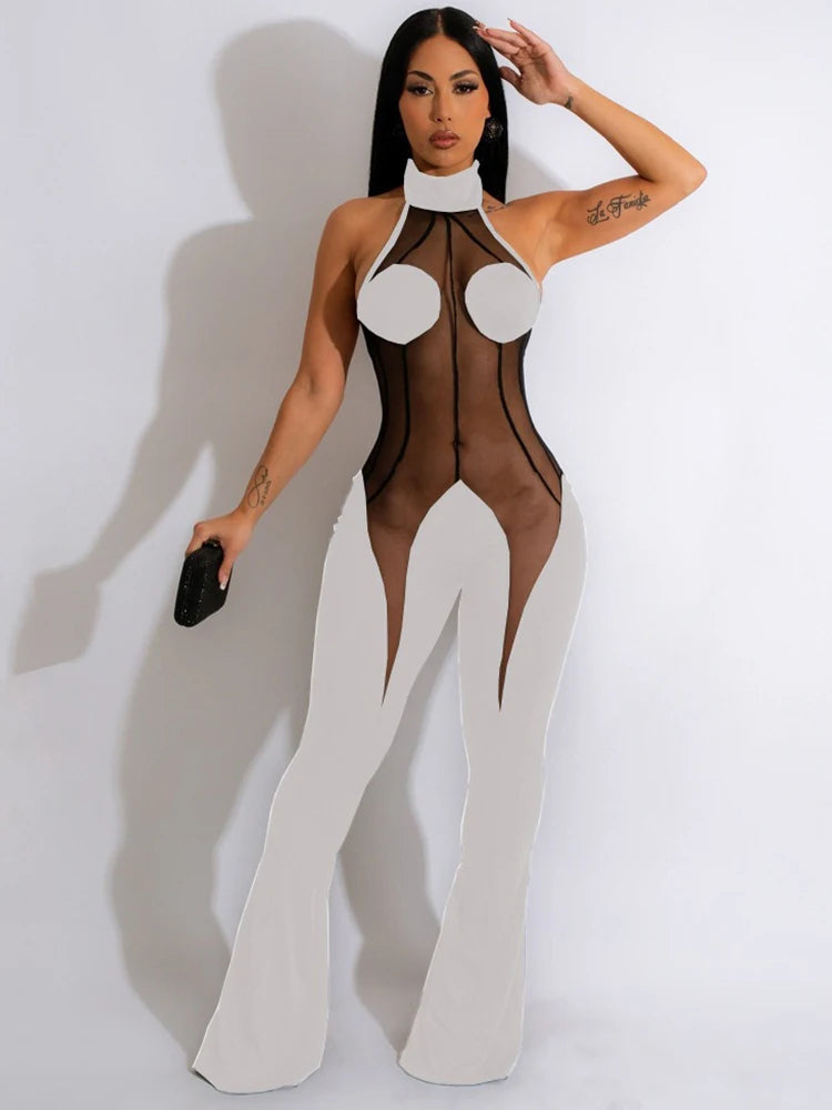 Full Jumpsuits for Women Summer Halter Neck Jumpsuit Backless Sexy Lace Transparent Jumpsuit Flrae Pant Wholesale Dropshipping