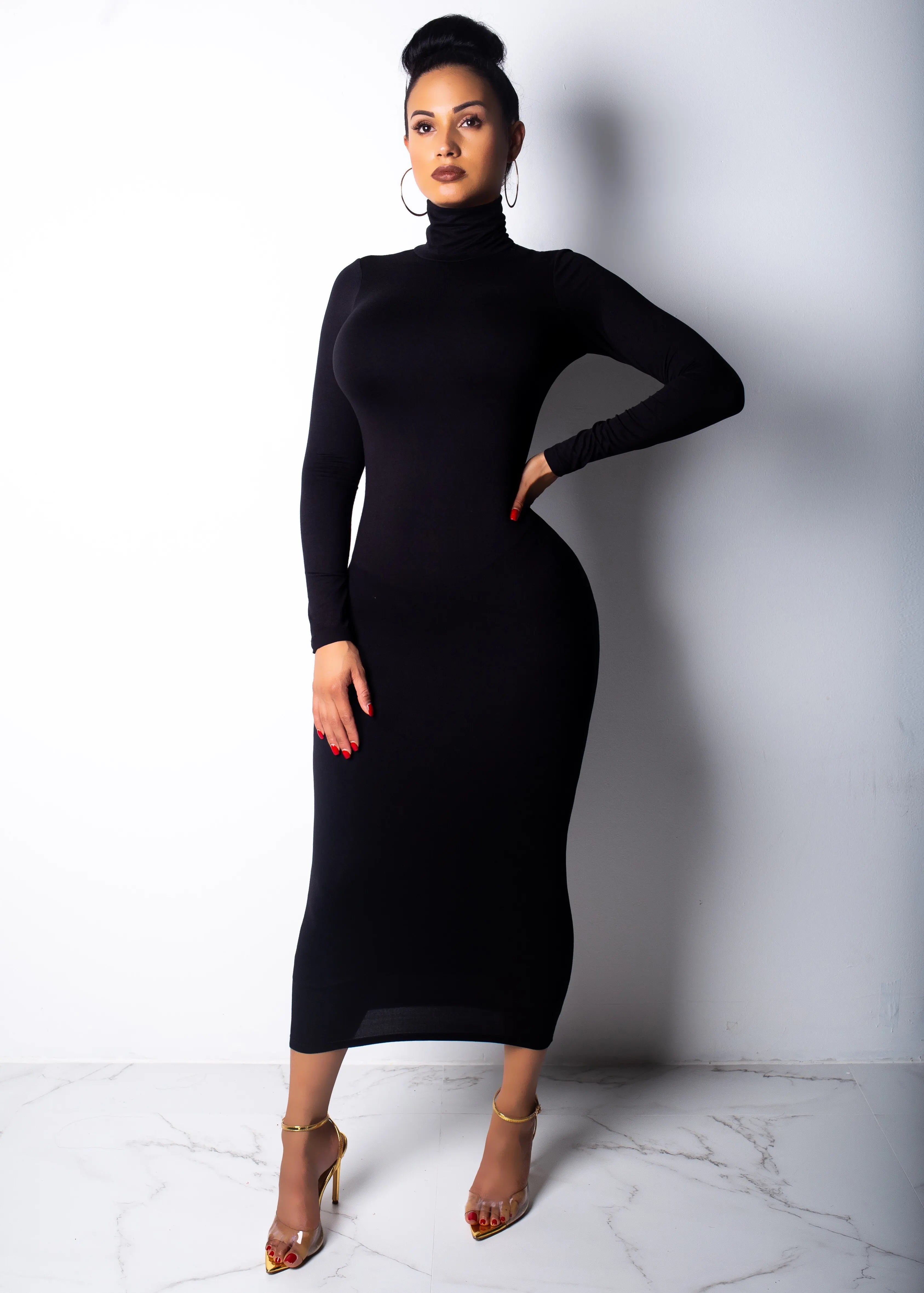 New Winter Longuette Long-Sleeved Elastic Force Slim High Collar Slim Long Dress