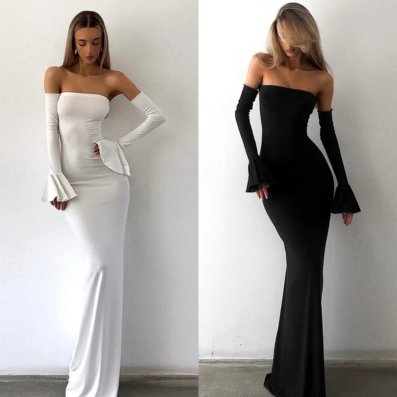 Combhasaki Women's Vintage Elegant Strapless Backless Solid Color Slim Fit Bodycon Mermaid Long Dress with Flare Arm Sleeves