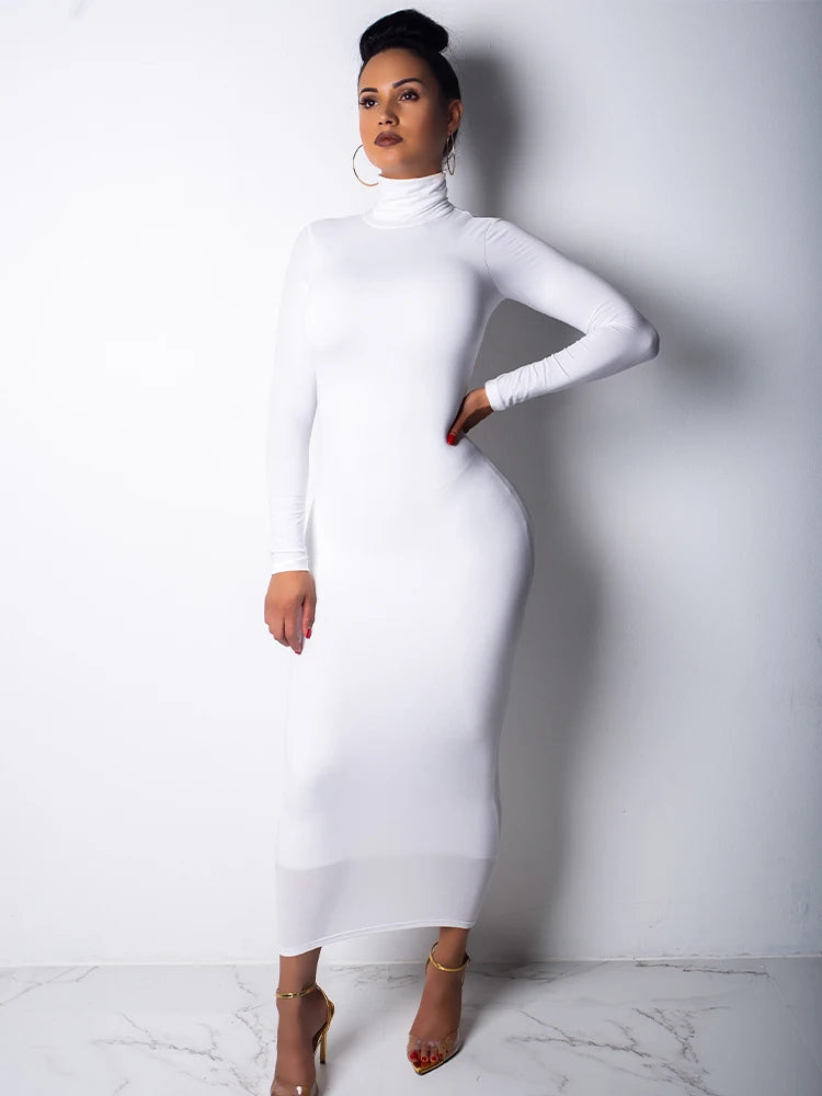 New Winter Longuette Long-Sleeved Elastic Force Slim High Collar Slim Long Dress