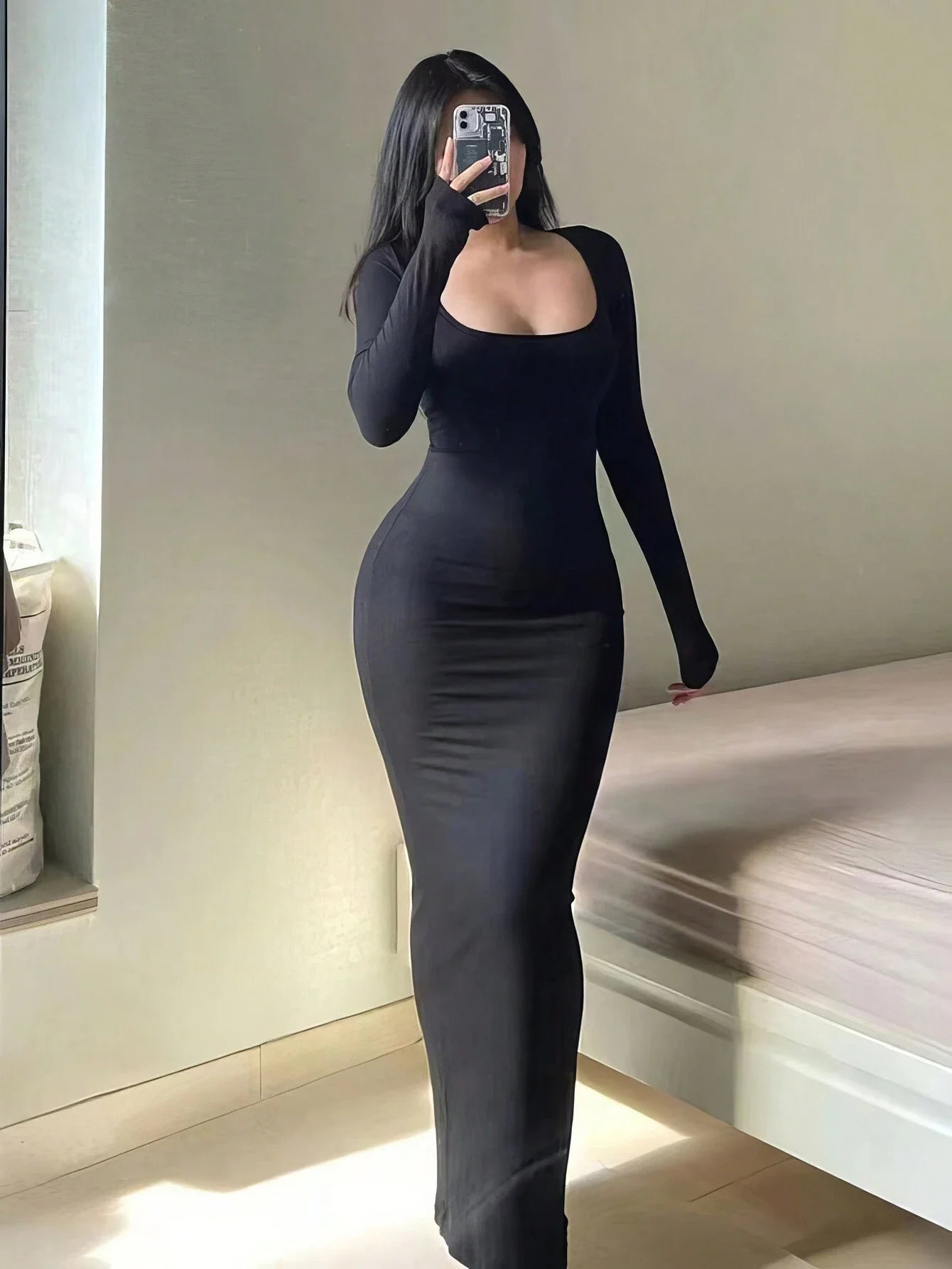 Solid Long Sleeve Bodycon Maxi Dress