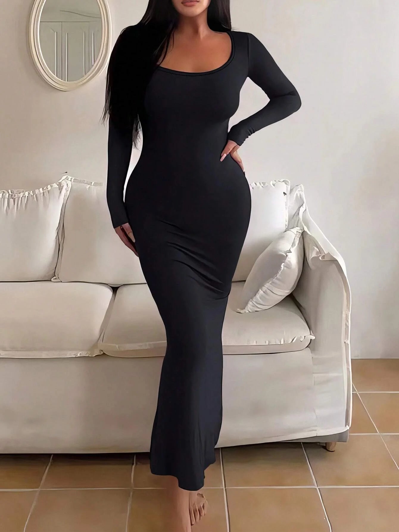 Solid Long Sleeve Bodycon Maxi Dress