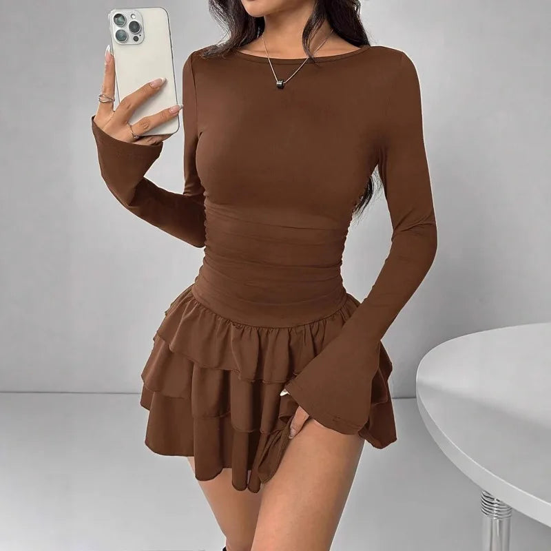 Solid Slim Fit Cascading Ruffles Mini Dress with Flare Sleeve High Waist and Bodyconture
