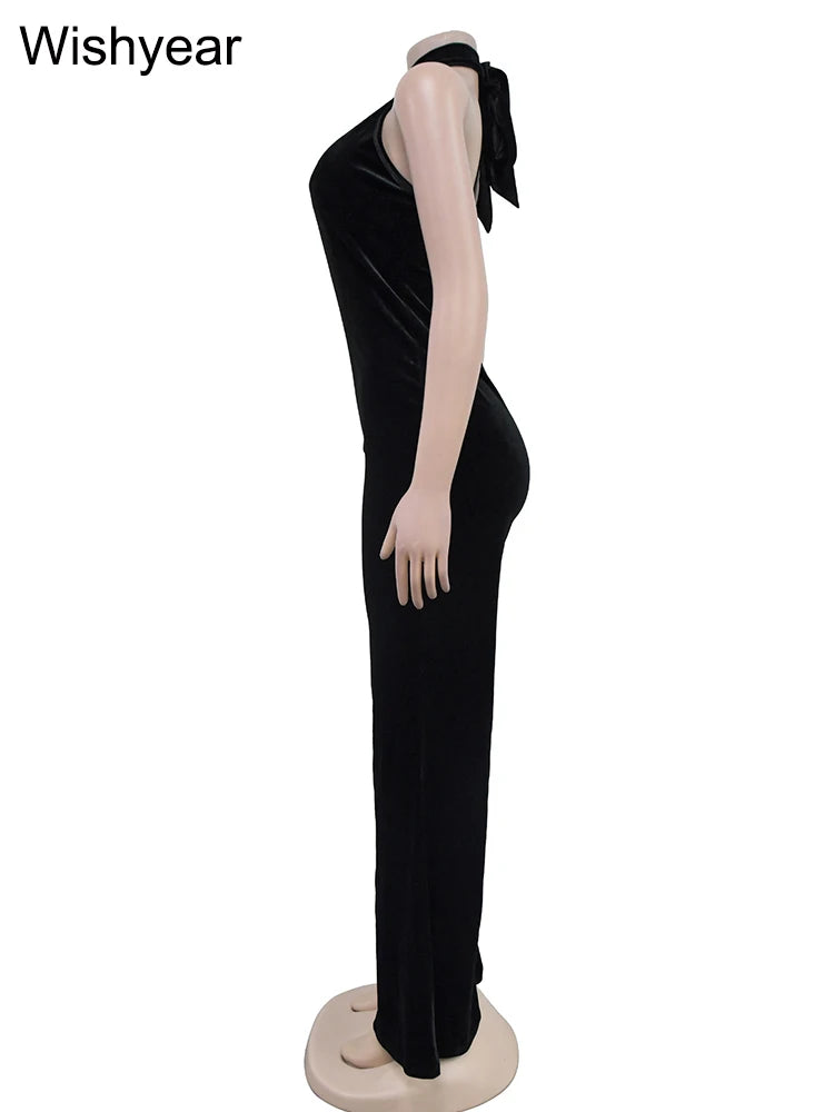 Wishyear Velvet Sexy Halter Deep V Backless Wide Legs Jumpsuit
