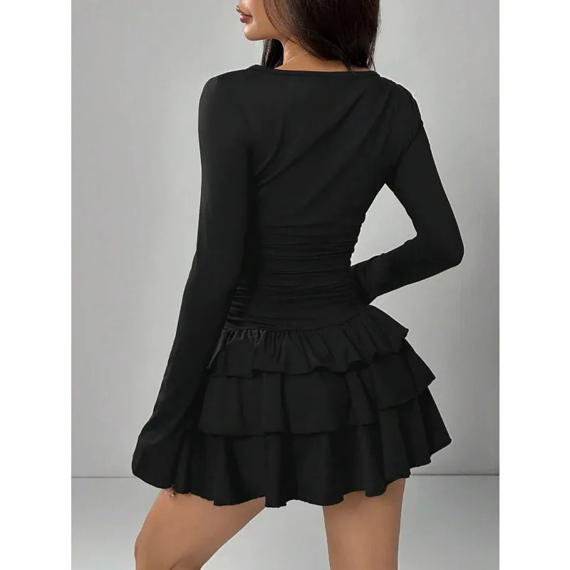 Solid Slim Fit Cascading Ruffles Mini Dress with Flare Sleeve High Waist and Bodyconture