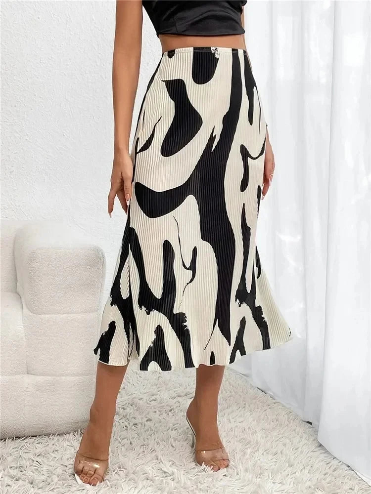 Dressy Casual Graphic Print Pleated Long Skirts Women Autumn Fashion
