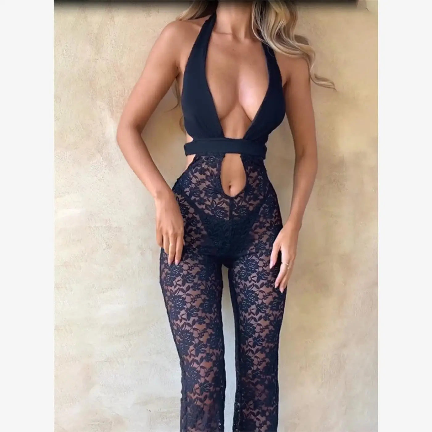 Sexy Lace Trim Baring Ne Strap Club Pants High Waist Hollow out Long Leggings Street Sle Par Wear Bla Piece Suit