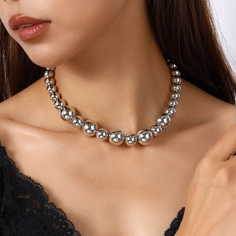 Aihua Exaggerated CCB Material Big Ball Necklace For Women Punk Gold Color Hip Hop Beaded Choker Necklace Party Jewelry Gifts