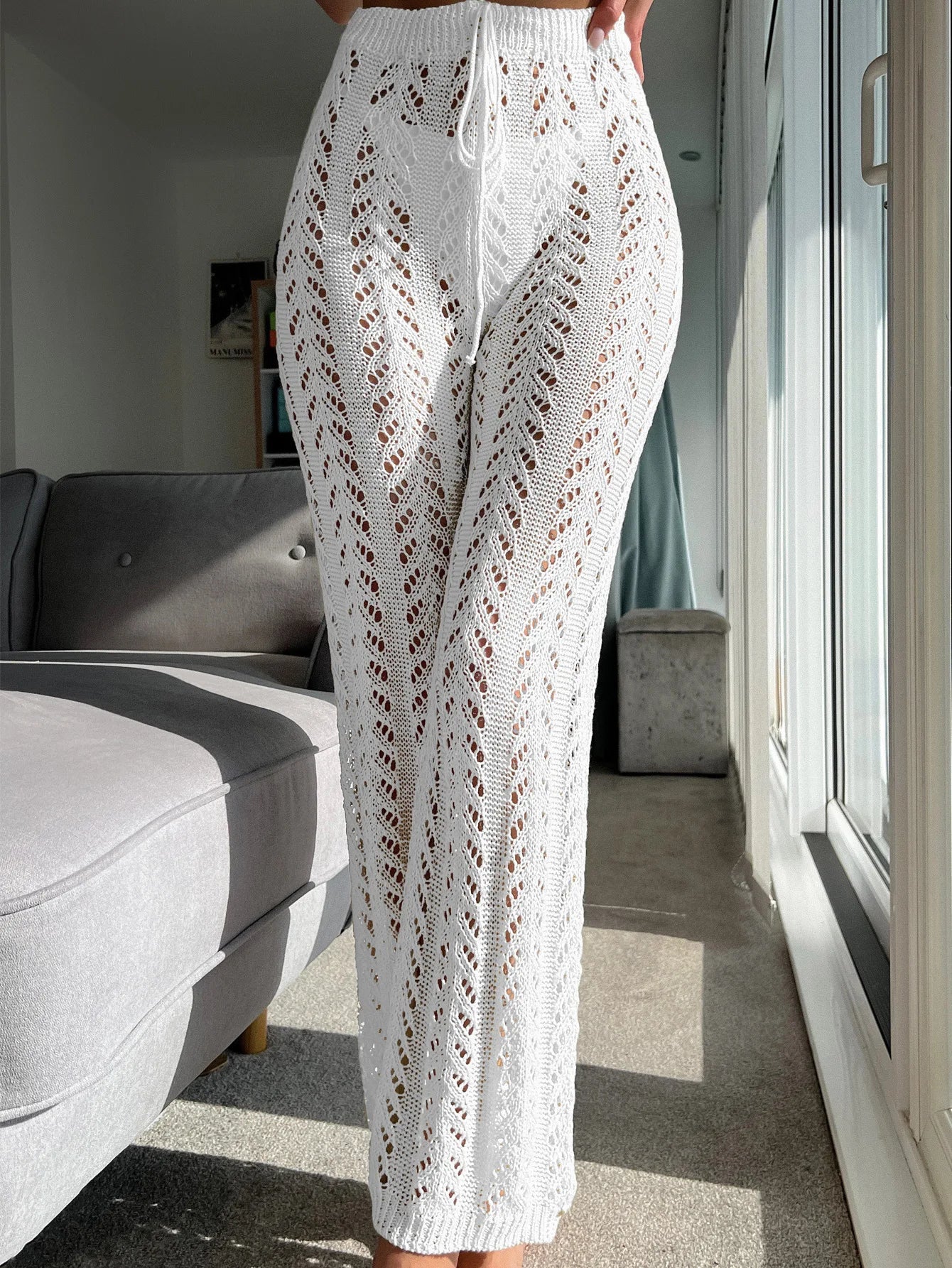 Women's Woven Hollow Lace-up Pants Crochet Net Hollow Out Beach Trousers Sexy Swimsuit Cover Up Beach Straight Leisure Trousers
