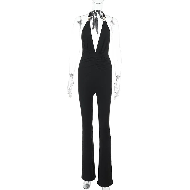 Solid color slim-fit women's deep V jumpsuit