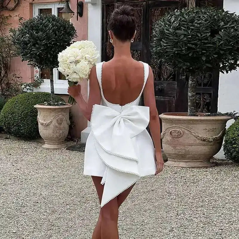 Townlike Bow Pearl Backless Women Mini  Dress Elegant