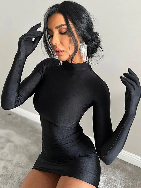 Melis - Solid Long Sleeve With Gloves Bodycon Mini Dress