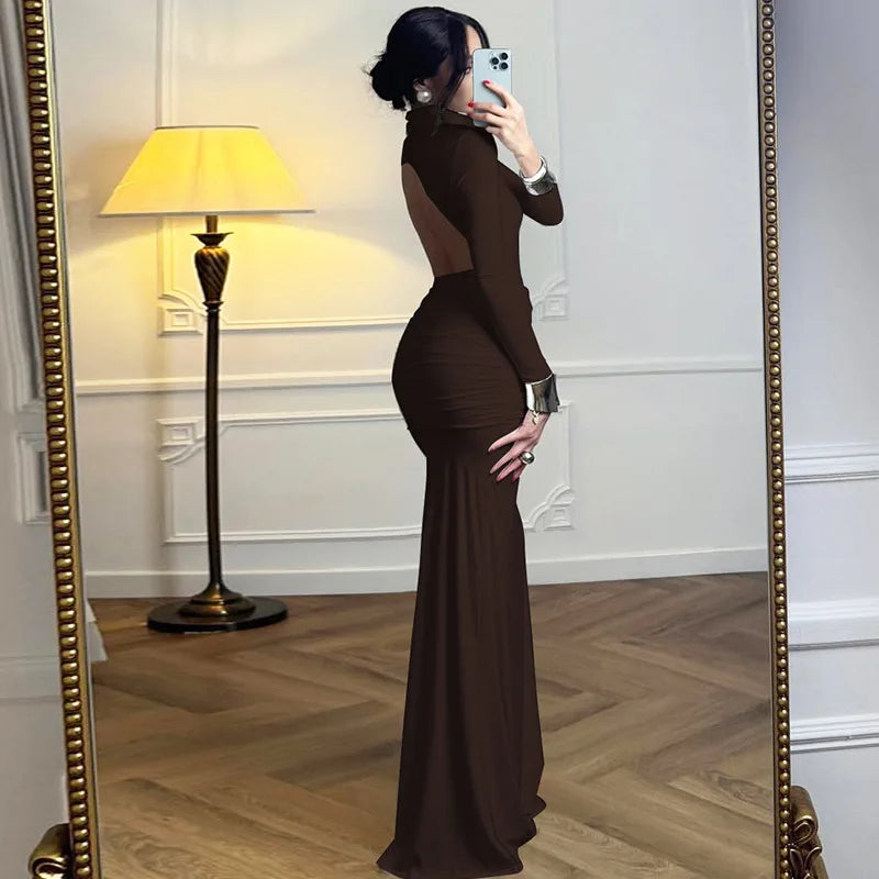 Cryptographic Elegant Sexy Backless Ruched Maxi Dress Party Club Outfits Fall Winter Solid Slinky Long Dresses Gown Clothes